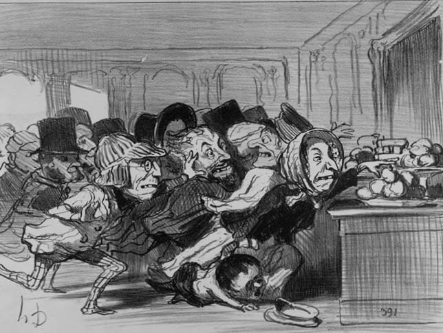 Honoré Daumier, "Voyageurs affamés se précipitant vers le buffet d'une station", 1852